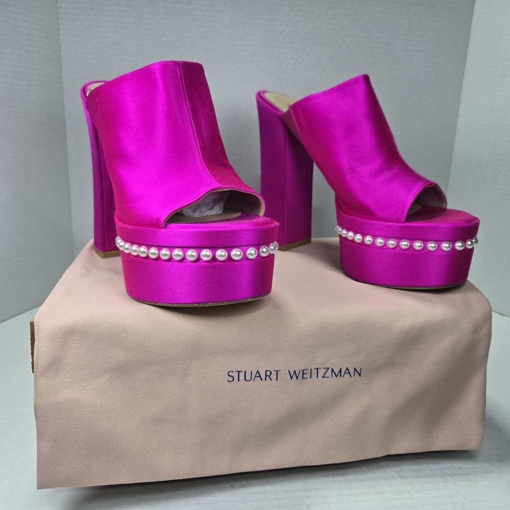 Stuart Weitzman Skyhigh 145mm Pink Satin Platform Heels With Pearls Size 10M